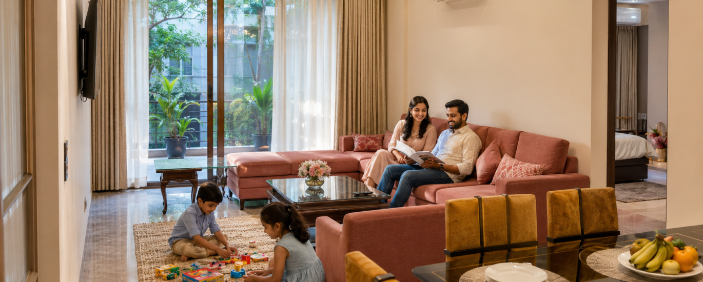 Family enjoying a spacious luxury service apartment in Delhi NCR