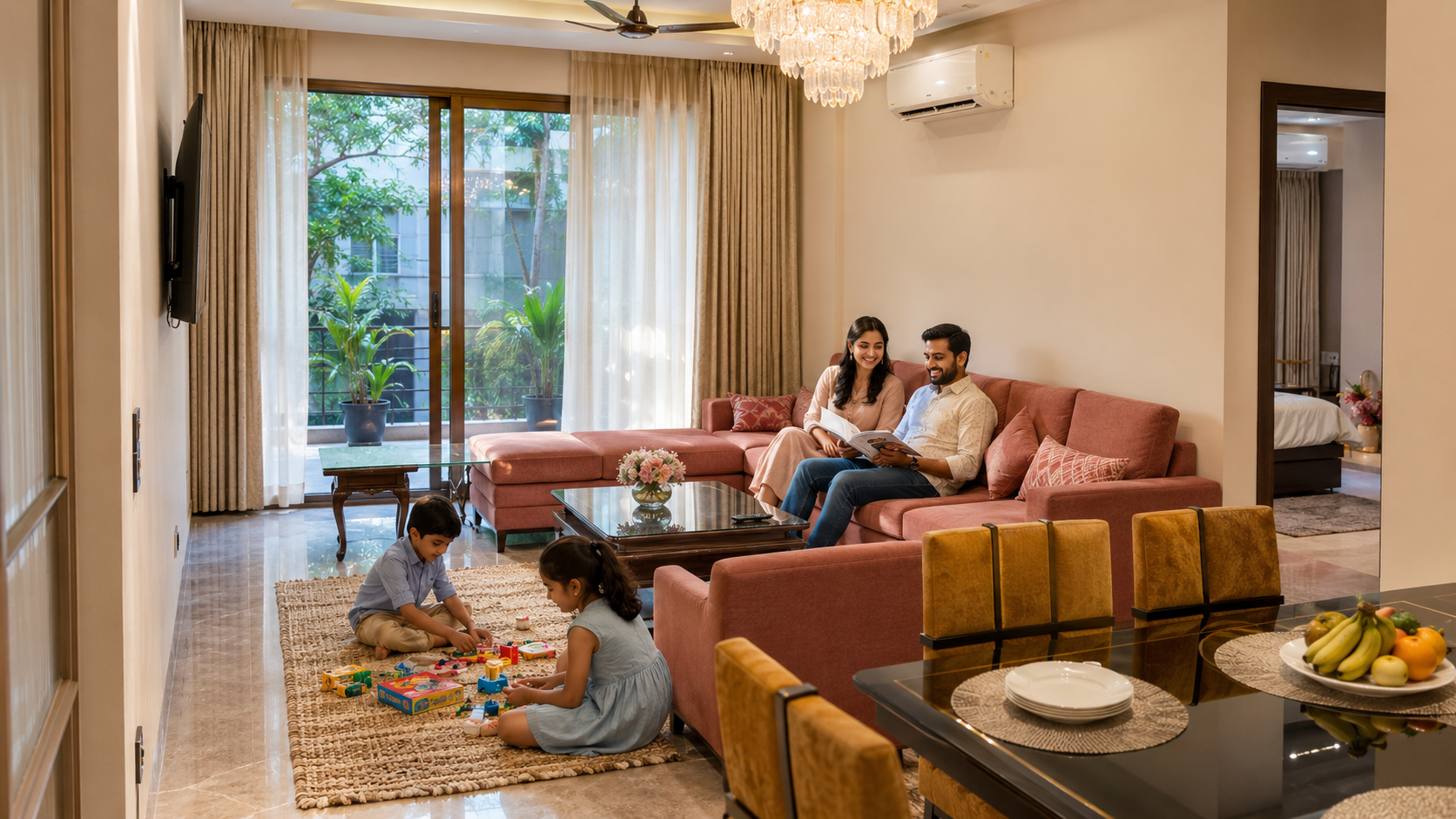 Family enjoying a spacious luxury service apartment in Delhi NCR