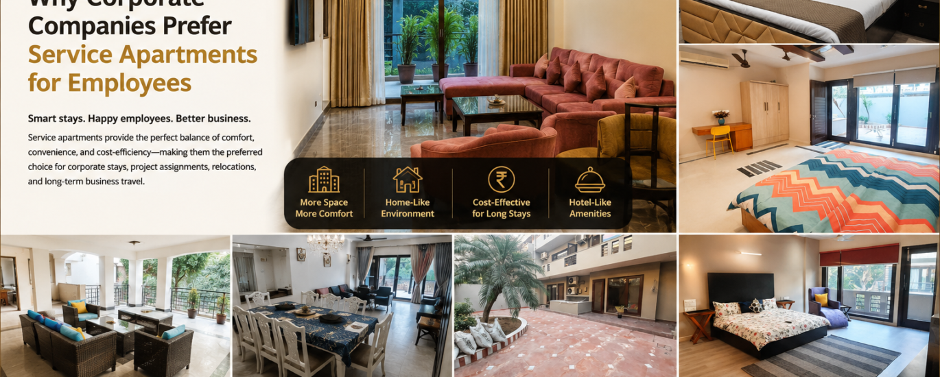 Corporate employee staying in a luxury service apartment with spacious living room and modern amenities at Harmony Suites.