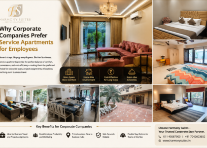 Corporate employee staying in a luxury service apartment with spacious living room and modern amenities at Harmony Suites.