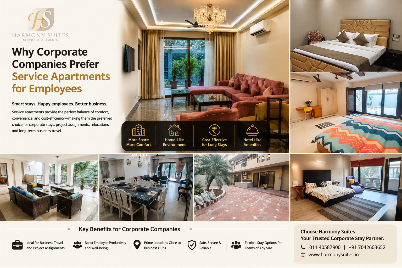 Corporate employee staying in a luxury service apartment with spacious living room and modern amenities at Harmony Suites.