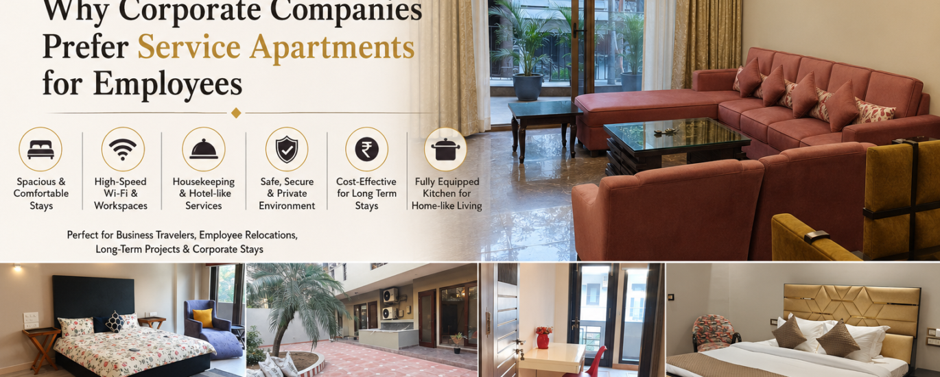Corporate employee relaxing in a luxury service apartment with workspace and living area at Harmony Suites
