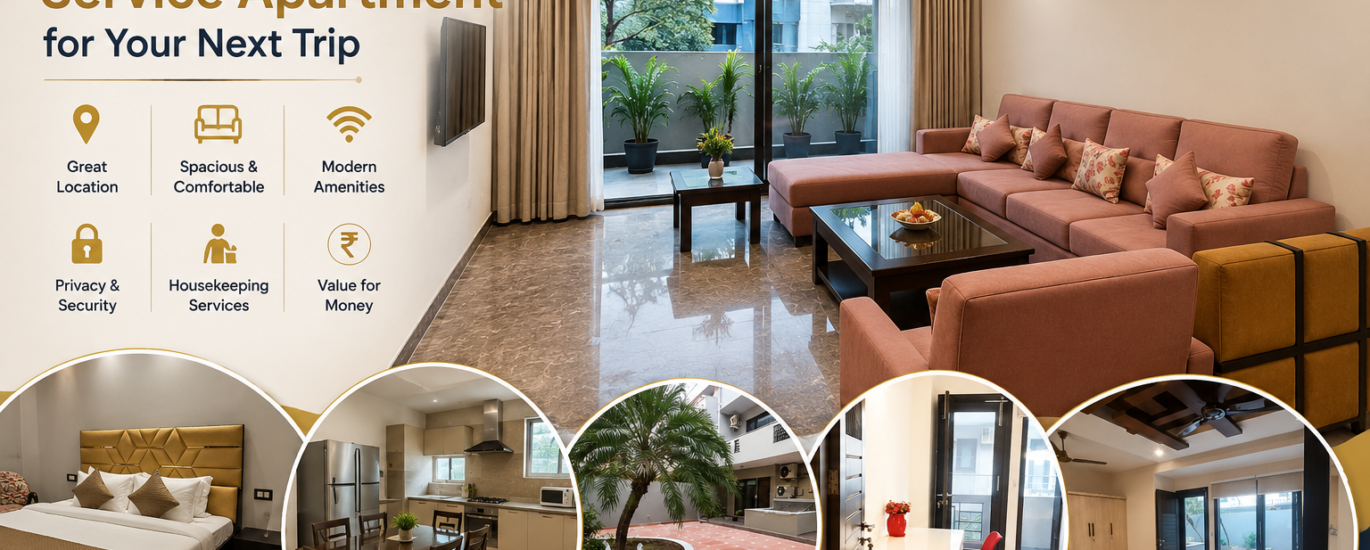 Comfortable furnished service apartment with bedroom, living area and modern amenities in Delhi NCR