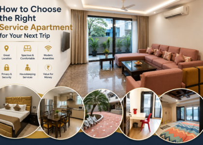 Comfortable furnished service apartment with bedroom, living area and modern amenities in Delhi NCR