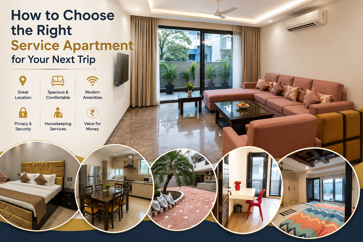 Comfortable furnished service apartment with bedroom, living area and modern amenities in Delhi NCR