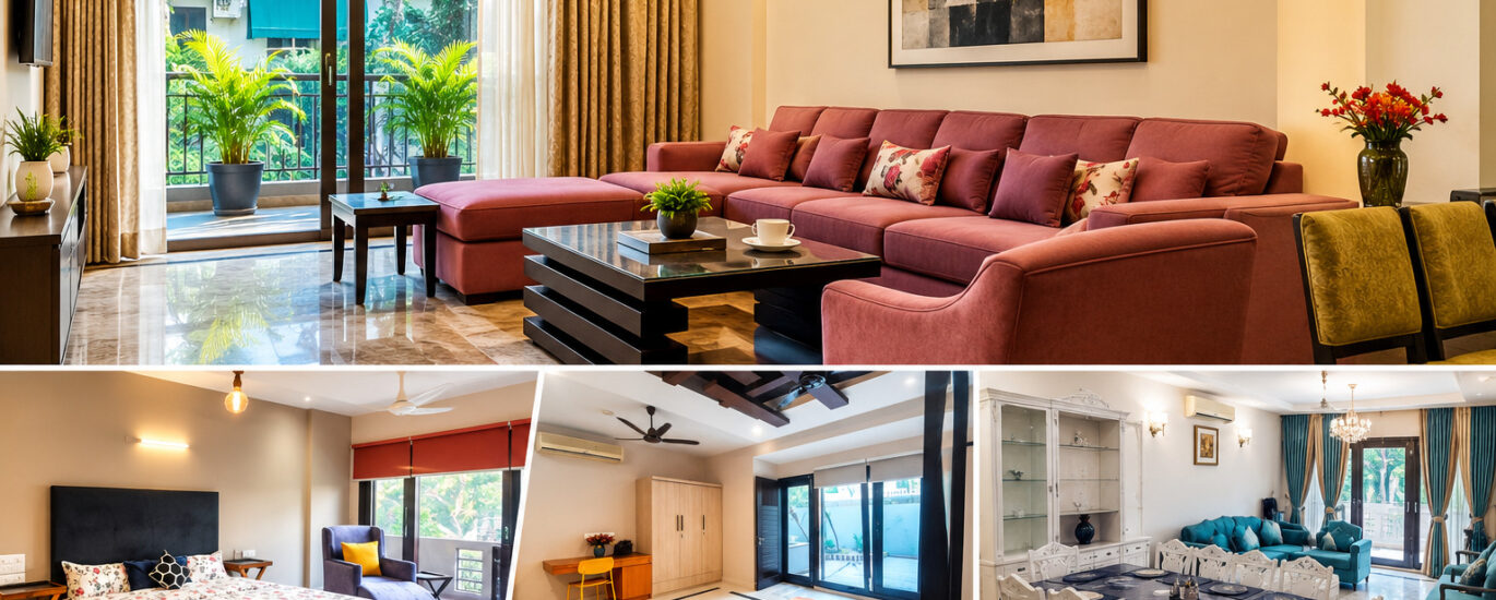 Modern service apartment living room, bedrooms and dining area at Harmony Suites