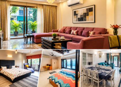Modern service apartment living room, bedrooms and dining area at Harmony Suites