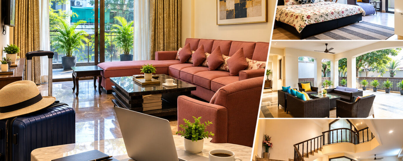 Modern service apartment living room, bedroom and terrace at Harmony Suites