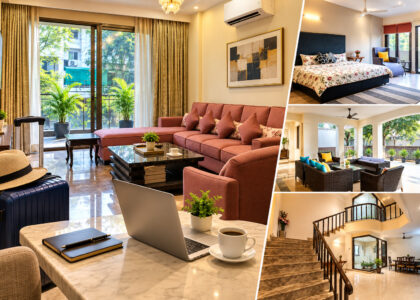 Modern service apartment living room, bedroom and terrace at Harmony Suites