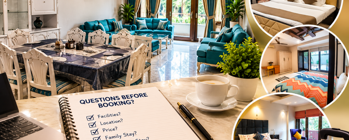 Service apartment living and dining areas with a booking checklist at Harmony Suites